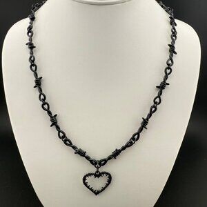Barbed Wire Heart Pendant Black Chain Necklace Edgy Gothic Aesthetic Statement J